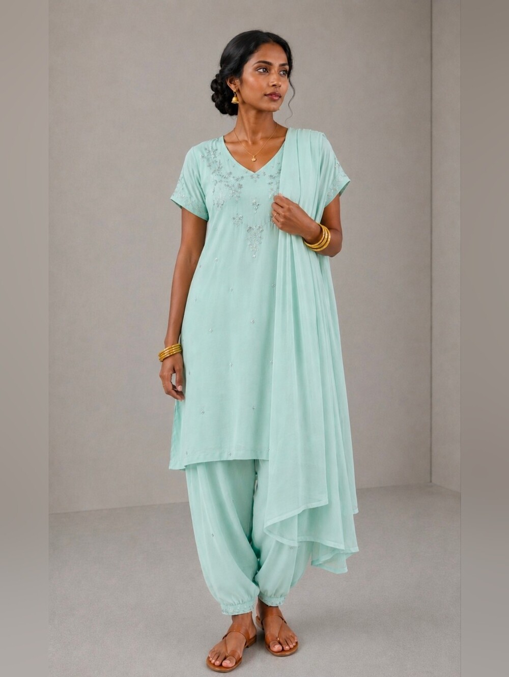 Embellished Indian Light Blue Salwar Kameez Set Size Medium
